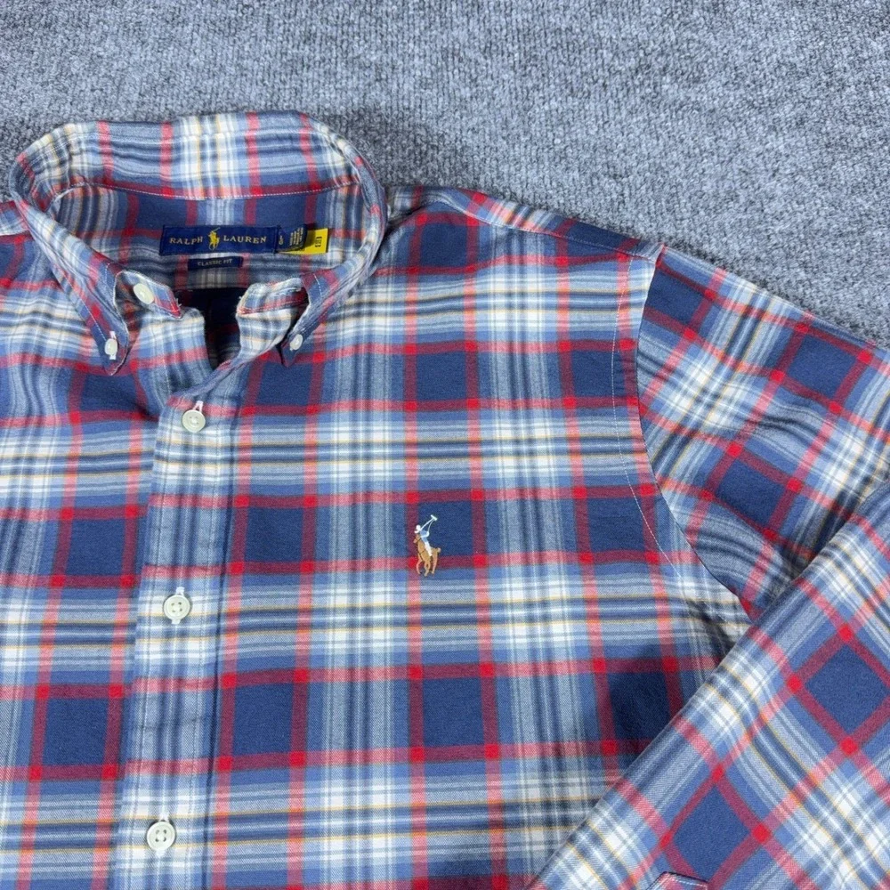 Polo Ralph Lauren Mens Plaid Button Down Shirt Red White Blue Cotton Large